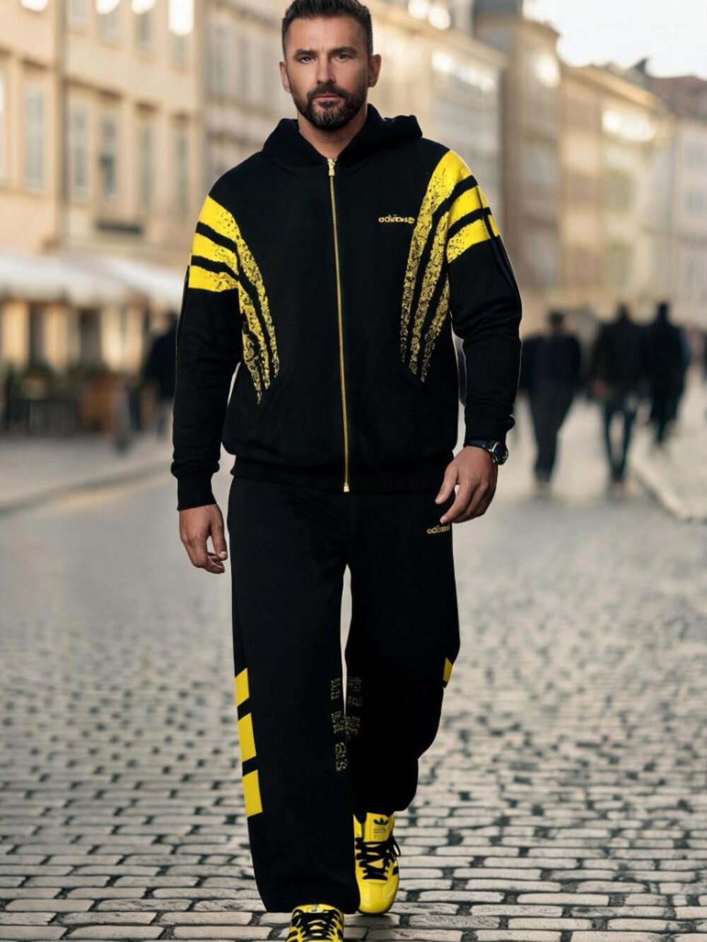 Adidas Men's Santiago Black Yellow Tracksuit Two Piece KC9088 KC9091 Size XL